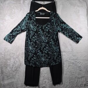 Slinky Brand Pant Set Womens XL Black Teal Glitter Floral Paisley Tunic Wide Leg